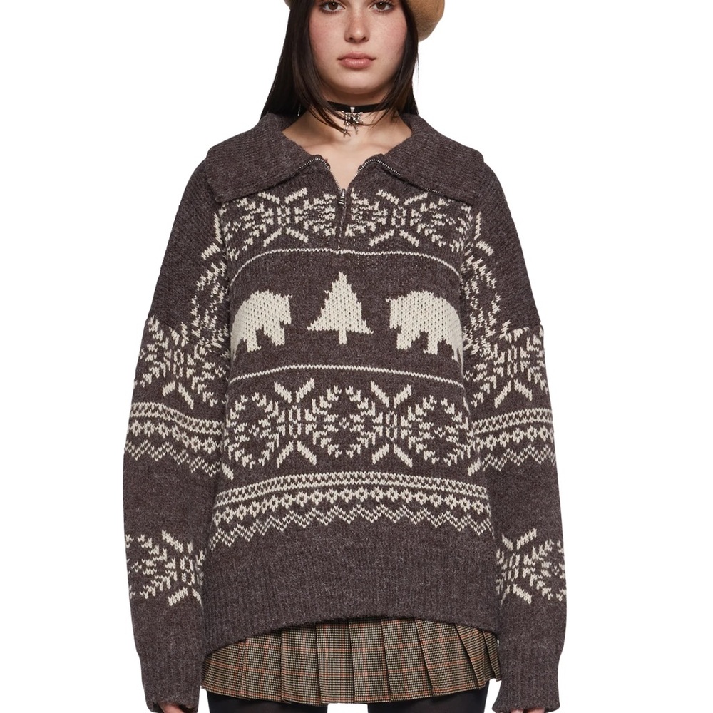 Le Lis Elowen Bear Quarter Zip Brown Sweater Size XSmall